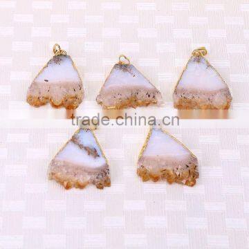 Natural Topaz Quartz Druzy Gem stone Pendant, Gold Plated edged fan-shaped Topaz Pendant