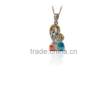 14K Solid Gold Art Mary Jesus Enamel Paint Christian Charm Necklace