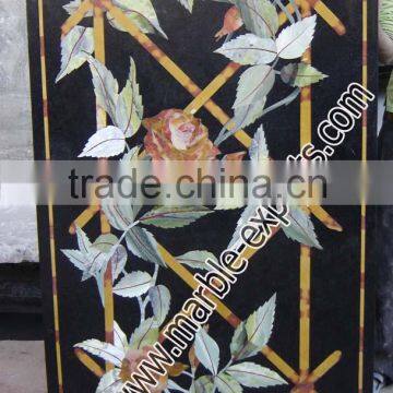 Black Rectangle Marble Inlay Table Top, Marble Inlay Center Tables, Rose Flower Deigns Inlaid Table Top