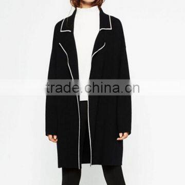 Guangzhou Women coats Manufacturer Contrast Piping Black Long coats Ladies Winter Coats