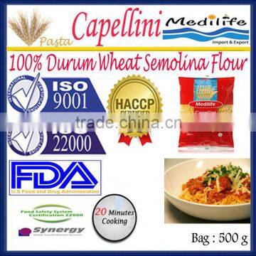 Durum Wheat semolina Capellini Pasta,Capellini Pasta High quality,Capellini 500g Bag,20 min cooking