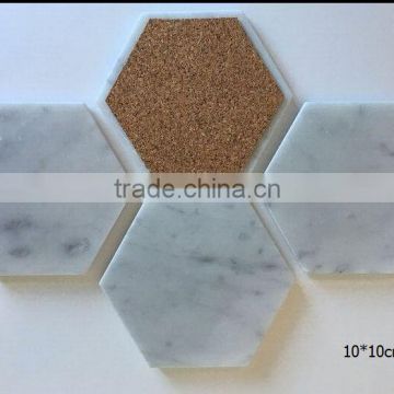 Hexagon shape White Carrara Marble Stone Coasters with Cork Backing