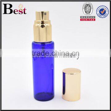 Wholesale Best Selling Cosmetic Packaging Golden Aluminum Spray Bottle Perfume Blue Glass Perfume Bottle 30ml China Manufacture photo-2