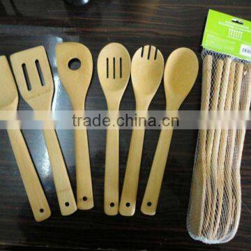 2017 hot natural bamboo cooking tools set with mesh bag