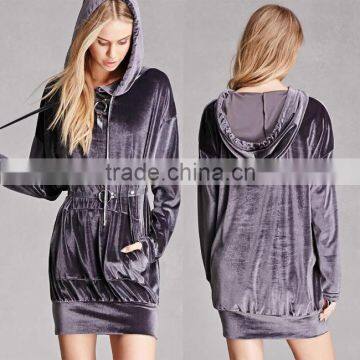 Wholesale New Fashion Design Women Velvet Dress Private Label Sexy Longline Velour Hoodie With Drawstring Hood