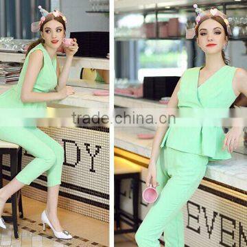 New Summer V Neck Green Color Ruffled Top With Slim Fitted Top and Pants Suit Fashion Matching Set photo-5