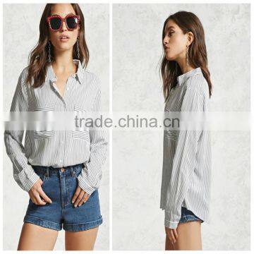 Woman Long Sleeve Chest Pockets Striped Custom Button Up Shirt