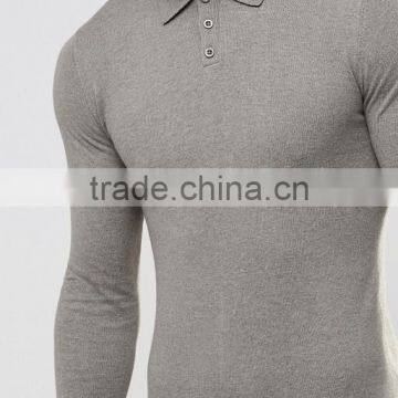 Custom Long Sleeve Three Button Placket Men's 100% Cotton 200gsm Lightweight Knit Casual Tight Slim Fit Grey Polo Shirt photo-3