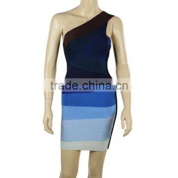 Elastic Knitted HL Blue Gradient One Shoulder Bandage Dress Sexy Club Dress Women Dress HL photo-3