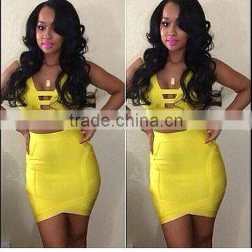 Top Quality Yellow 2 Piece Above Knee Mini Bandage Dress Night Club Party Slim Dress photo-2
