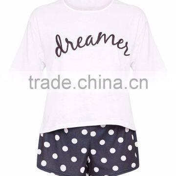 Custom Logo Print Loose Top Short Sleeve With Dots Shorts Causal Pajama Set Ladies Pyjama Set photo-3