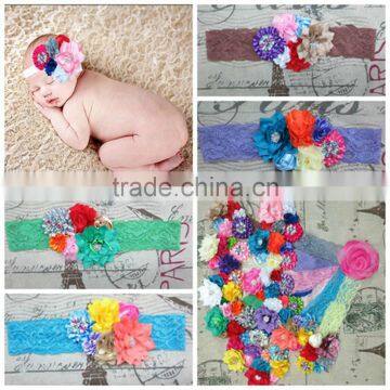 Vintage Girl wedding baby headband wholesale, rosette elastic lace hairbands handmade