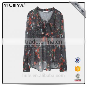 2017 women fashion ruffle Blouses Custom Floral Printing Women Tops