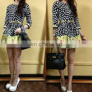 Powersweet Hot Sale Korean Half Sleeve Polka Dot Floral Printed Ladies Casual Skater Dress