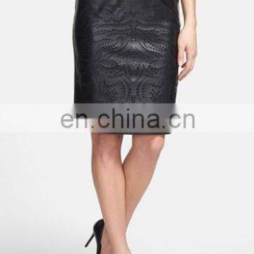 Lady's Laser Cutout Skater Skirt, Black Leather Skirt