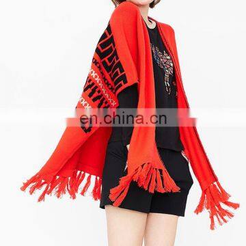 Red Color New Fashion Computer Knitted Fringe Poncho Women