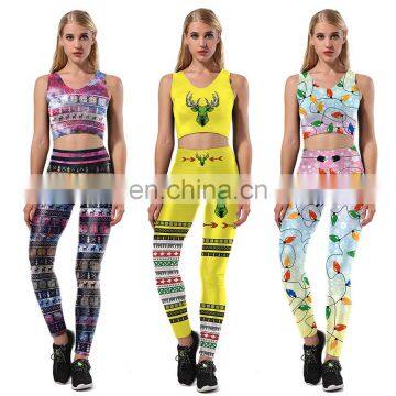 Christamas 3D Print Crop Tank Top Bra/ Pants Leggings Fitness Clothes Set