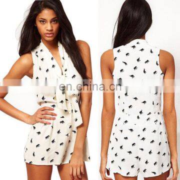 Fashion Stylish Plunging Neck Sleeveless Lace-Up Elephant Print Women's Romper