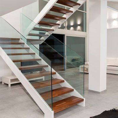 Residential Villa Carbon Steel Interior Laminated Glass Tread Double/Single Plate Beam Straight Stairs photo-4