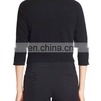 Lady Cashmere Wool Cropped Cardigan 3/4 Sleeve With Button photo-2