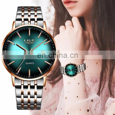 LIGE 10037 Fashion Stainless Steel Quartz Watch Bracelet Clocks Luxury Ladies Women Waterproof Rose Gold Steel Strap Wristwatch