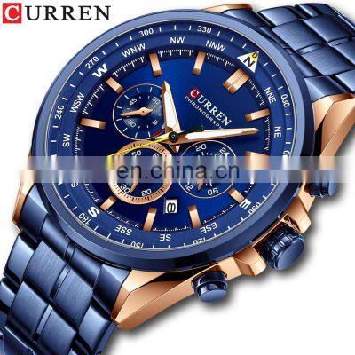 CURREN New Fashion Causal Chronograph Men Watch Stainless Steel Band Wristwatch Big Dial Quartz Watches With Luminous Pointers