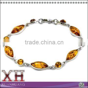 Natural Amber Sterling Silver Contemporary Marquise Gem Stone Bracelet