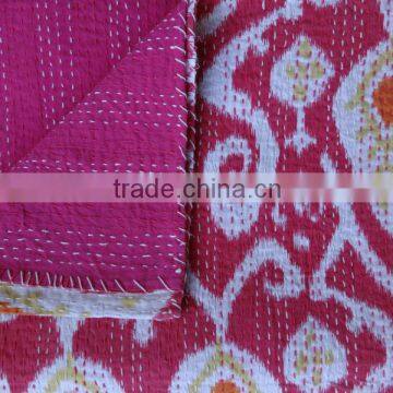 Ikat Kantha Quilt, Designer Cotton Bedspread, Handmade Kantha bedspread