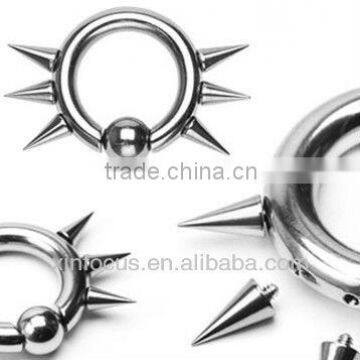 316L Surgical Steel Captive Bead Ring w/ 6 Internally Threaded Spikes, 8ga bcr body jewelry