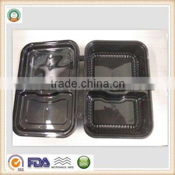 800ml Disposable Plastic Two Compartments Black Food Container Hinging Lid SGS/FDA Appoval Microwave Oven Safe