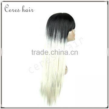 Black and White Two Tone Ombre Synthetic Fiber Wig Long Neat Bang Silk Straight Hair Wig for Black Women photo-4