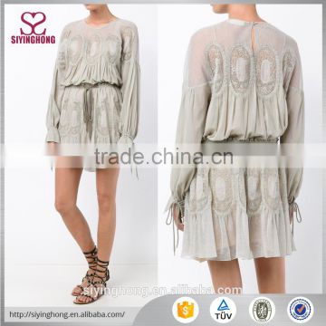 Spring-autumn casual dress long sleeves plus size Grey 100%silk crochet mesh panel pleated details mini dress                        
                                                                                Supplier's Choice