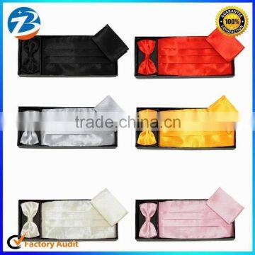 Fashion Plain Satin Men Bowtie Pocket Square Hanky Cummerbund Set