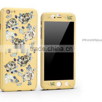 2016 New Products With Tempered Glass Screen Protector 360 Full Cover Case For iPhone 6 6S 3D Flower Embossed Cell Phone Case