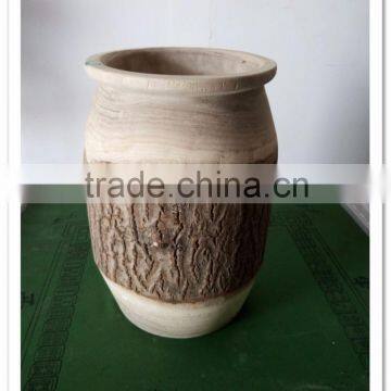 Handmade wood finish ornamental flower pot with bark for home decor
