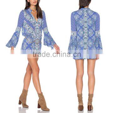 Online Shopping Woman Flare Long Sleeve Woman Print Shirt Mini Dress With Chain