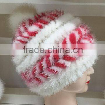 winter fashion design grils kintted mink fur hat with pompoms