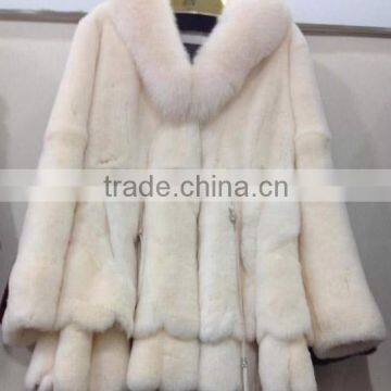 High quality fashion rex rabbit fur coat with fox fur collar for women