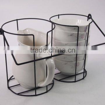 Set of Pitcher and 6pcs Bowl With Metal Rack,ceramic Bowl Set photo-2