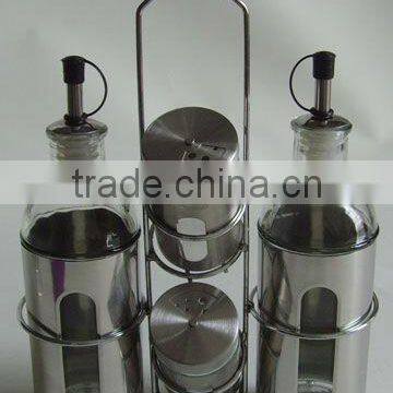 cylinder s/s glass oil vinegar sauce dispenser with stainless steel coating set with rack