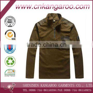 Men's 65% polyester 35% cotton with logo patch zipper collar and pocket military polar fleece jacket