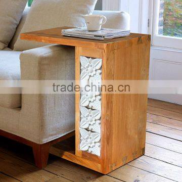 Side table STONE CARVED with natural solid teak wood furniture