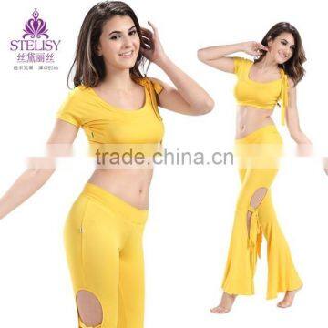 2015 fashionable women yellow crop top and pants set belly dance wear for practice