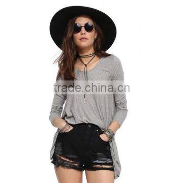 Ladies gray color fitted long sleeve loose body stretch cotton fabric blouse