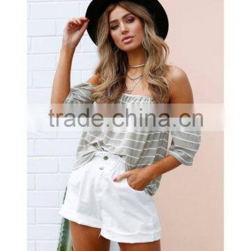 Summer Beach Clothing Khaki White Stripe Off Shoulder Top Women photo-2