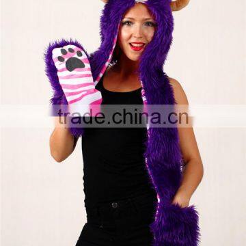 Faux Fur Adult Beanies Plush Animal Head Hat Scarf Glove photo-3