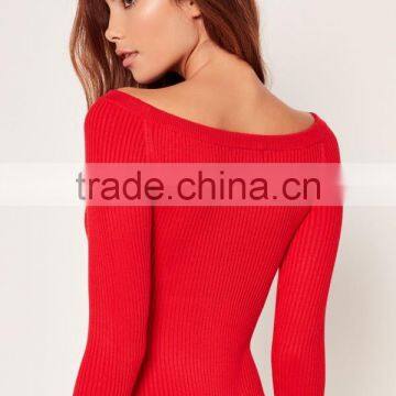 MGOO High Quality Long Sleeves Bardot Bodysuits Slash Neck Cold Shoulder Tops Women Tops Rib photo-6