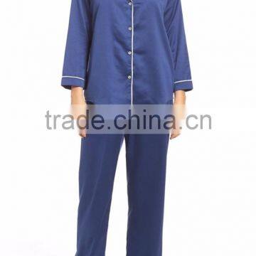 Hot Sale Women Long Pajamas Set Long Sleeve Button Top With Long Pants White Piping Pyjama Set Navy Blue photo-3