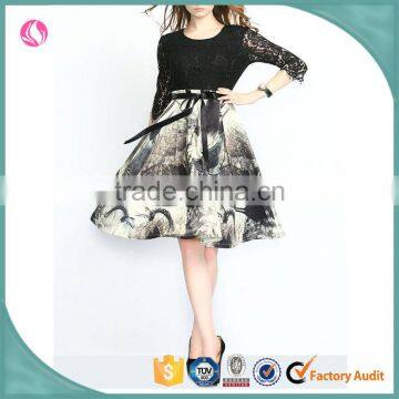 New arrival black lace design flower printing top quality slim ladies dress