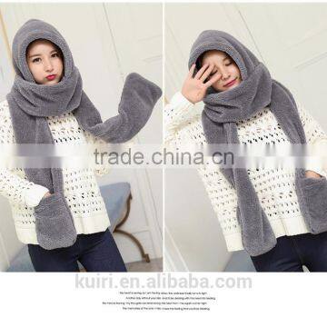 2016 Hot Fashion New Women Winter Warm Soft Plush Faux Fur Hooded Cap Hat Scarves Hood Pocket Gloves Scarf 4 Color photo-3